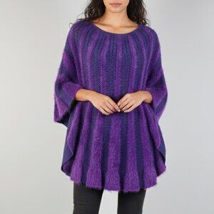Ashro Purple Eyelash Knit Poncho Sweater Womens M Fuzzy Striped Cape Pullover